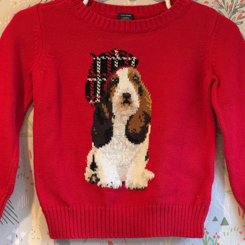 Baby Gap Toddler Red 18-24 Months Tartan Beret Beagle Sweater